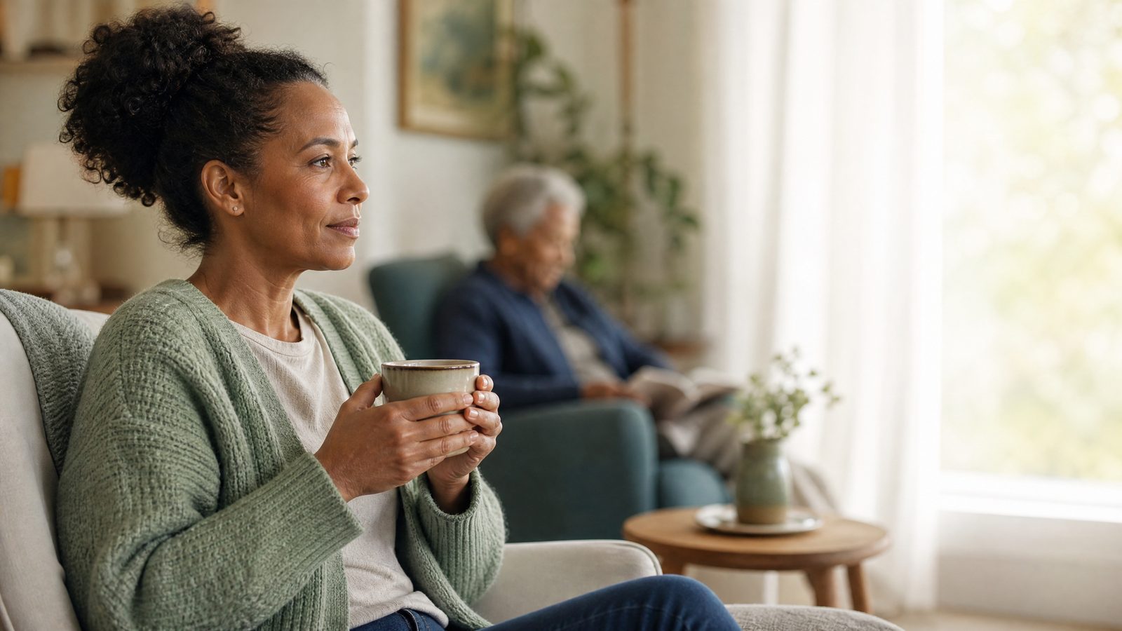 A caregiver taking a quiet restorative pause with tea at home