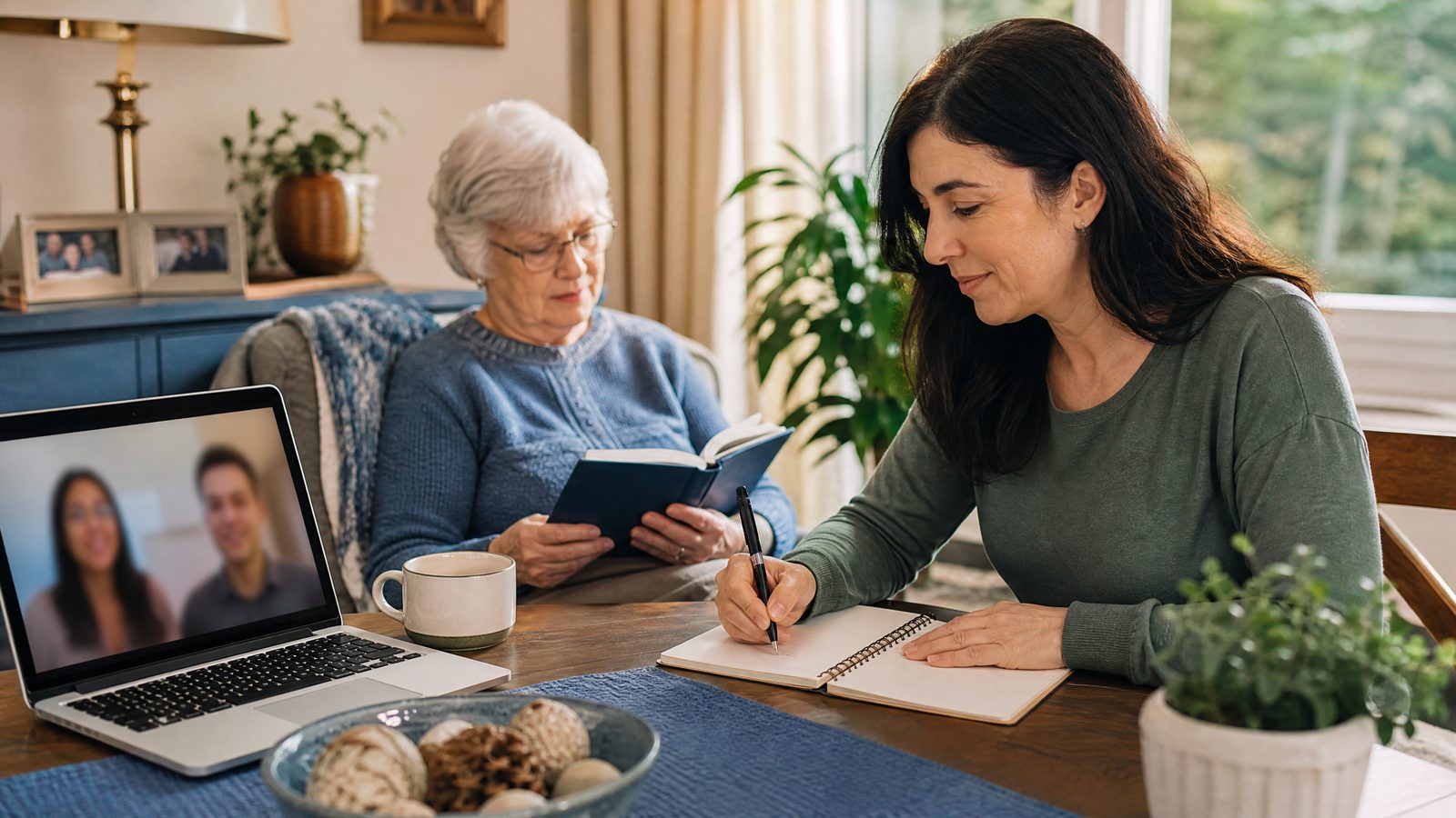 An adult caregiver writing a care update while an older relative reads nearby and family members join remotely