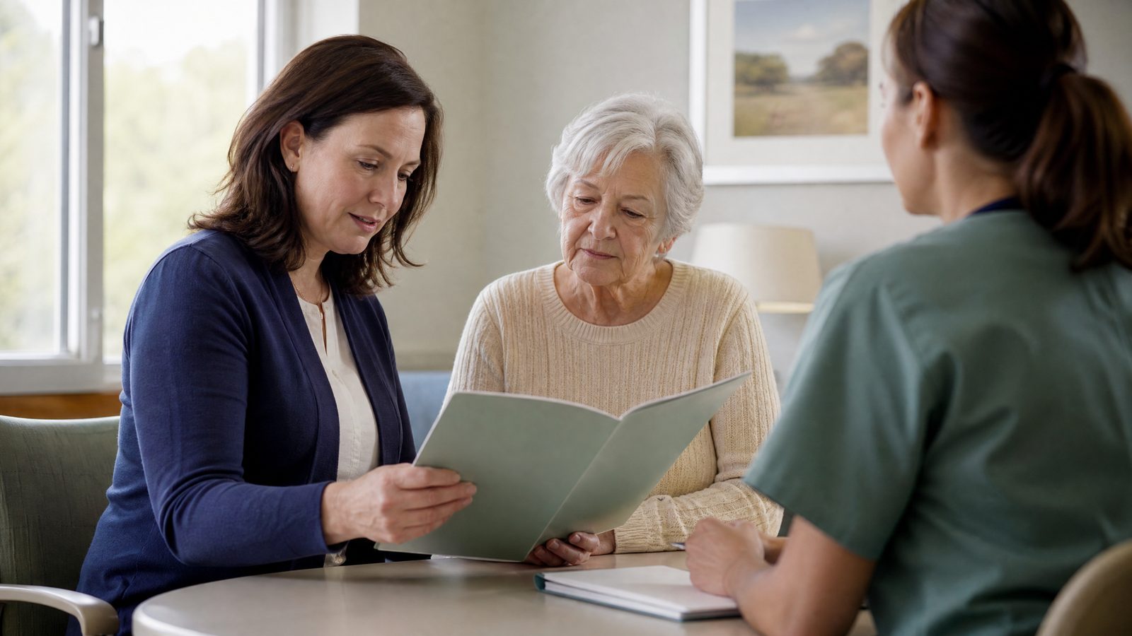 An adult caregiver and an older parent reviewing a discharge folder with a healthcare professional