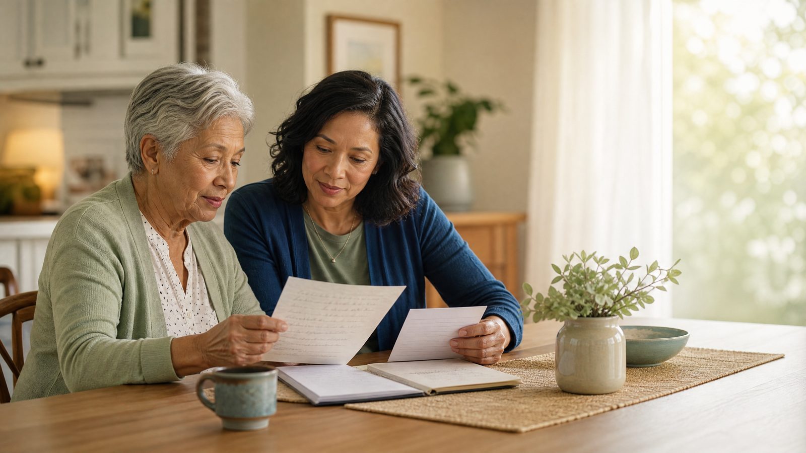 An older mother and adult caregiver reviewing notes before an appointment