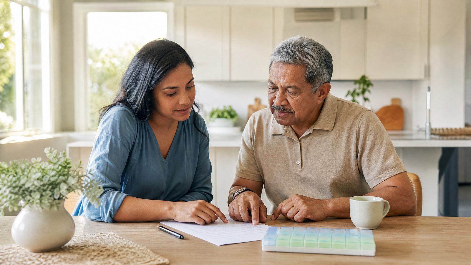 An adult daughter and her older father reviewing a medication list at a kitchen table