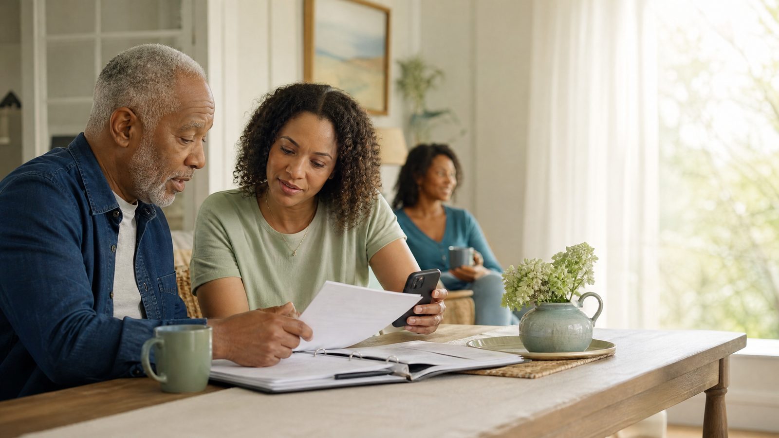 An older father and adult daughter reviewing a care plan at a table