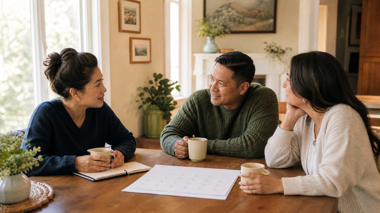 Three adult siblings having a calm conversation about caregiving responsibilities at a dining table